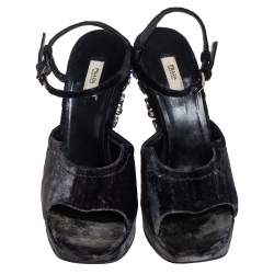 Pre Owned Prada Black Velvet Crystal Embellished Wedge Ankle Strap Sandals Size 37.5