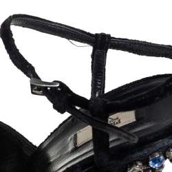Pre Owned Prada Black Velvet Crystal Embellished Wedge Ankle Strap Sandals Size 37.5