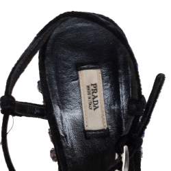 Pre Owned Prada Black Velvet Crystal Embellished Wedge Ankle Strap Sandals Size 37.5