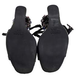 Pre Owned Prada Black Velvet Crystal Embellished Wedge Ankle Strap Sandals Size 37.5