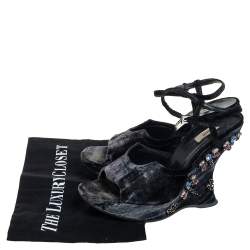 Pre Owned Prada Black Velvet Crystal Embellished Wedge Ankle Strap Sandals Size 37.5