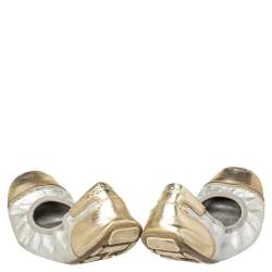 Pre Owned Prada Silver/Gold Patent And Leather Scrunchy Ballet Flats Size 38.5