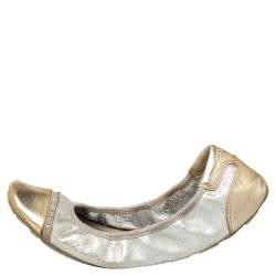 Pre Owned Prada Silver/Gold Patent And Leather Scrunchy Ballet Flats Size 38.5