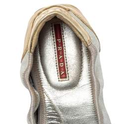 Pre Owned Prada Silver/Gold Patent And Leather Scrunchy Ballet Flats Size 38.5