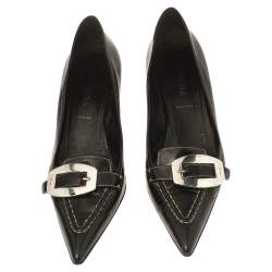 Pre Owned Prada Black Leather Buckle Pointed Toe Pumps Size 38.5