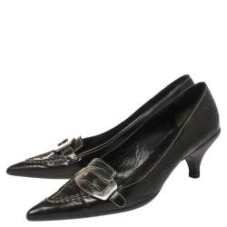 Pre Owned Prada Black Leather Buckle Pointed Toe Pumps Size 38.5