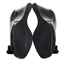 Pre Owned Prada Black Patent Peep-Toe Bow Detail Wedge Pumps Size 39.5