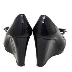 Pre Owned Prada Black Patent Peep-Toe Bow Detail Wedge Pumps Size 39.5