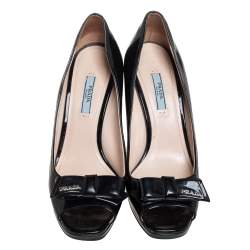 Pre Owned Prada Black Patent Peep-Toe Bow Detail Wedge Pumps Size 39.5