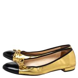 Pre Owned Prada Black/ Gold Patent Leather And Fabric Bow Cap Toe Ballet Flats Size 38