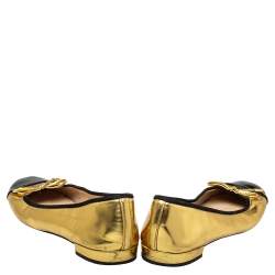 Pre Owned Prada Black/ Gold Patent Leather And Fabric Bow Cap Toe Ballet Flats Size 38
