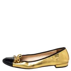 Pre Owned Prada Black/ Gold Patent Leather And Fabric Bow Cap Toe Ballet Flats Size 38