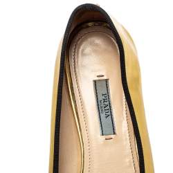 Pre Owned Prada Black/ Gold Patent Leather And Fabric Bow Cap Toe Ballet Flats Size 38