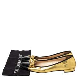 Pre Owned Prada Black/ Gold Patent Leather And Fabric Bow Cap Toe Ballet Flats Size 38