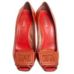 Pre Owned Prada Orange Leather Peep Toe Pumps Size 37.5