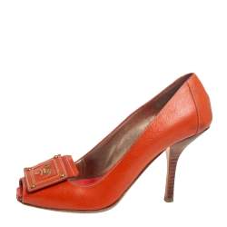 Pre Owned Prada Orange Leather Peep Toe Pumps Size 37.5