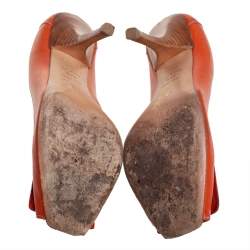 Pre Owned Prada Orange Leather Peep Toe Pumps Size 37.5