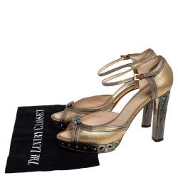 Pre Owned Prada Gold/Silver Leather Ankle Strap Sandals Size 39