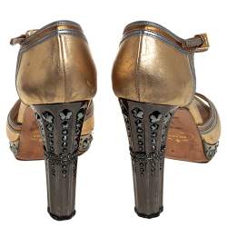 Pre Owned Prada Gold/Silver Leather Ankle Strap Sandals Size 39