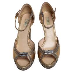 Pre Owned Prada Gold/Silver Leather Ankle Strap Sandals Size 39
