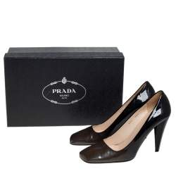Pre Owned Prada Metallic Olive Green/Black Patent Leather Block Heel Pumps Size 39.5