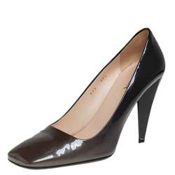 Pre Owned Prada Metallic Olive Green/Black Patent Leather Block Heel Pumps Size 39.5