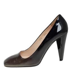 Pre Owned Prada Metallic Olive Green/Black Patent Leather Block Heel Pumps Size 39.5