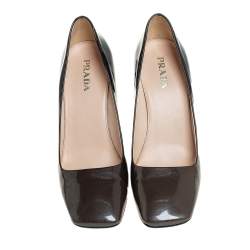 Pre Owned Prada Metallic Olive Green/Black Patent Leather Block Heel Pumps Size 39.5