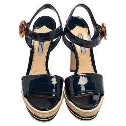 Pre Owned Prada Navy Blue Patent Leather Espadrille Platform Ankle Strap Sandals Size 40