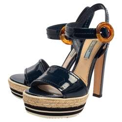 Pre Owned Prada Navy Blue Patent Leather Espadrille Platform Ankle Strap Sandals Size 40
