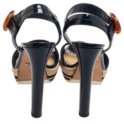 Pre Owned Prada Navy Blue Patent Leather Espadrille Platform Ankle Strap Sandals Size 40