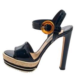 Pre Owned Prada Navy Blue Patent Leather Espadrille Platform Ankle Strap Sandals Size 40