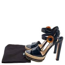 Pre Owned Prada Navy Blue Patent Leather Espadrille Platform Ankle Strap Sandals Size 40