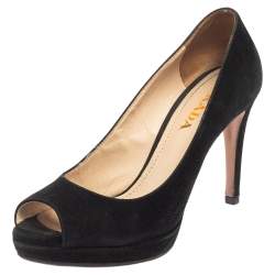 Pre Owned Prada Black Suede Peep Toe Pumps Size 35