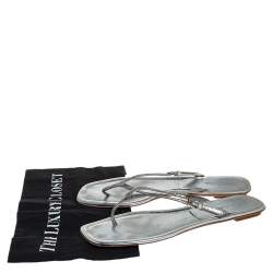Pre Owned Prada Silver Leather Buckle Embellished Thong Sandals Size 40