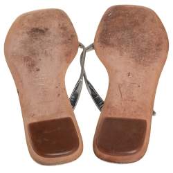 Pre Owned Prada Silver Leather Buckle Embellished Thong Sandals Size 40