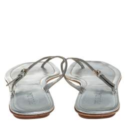 Pre Owned Prada Silver Leather Buckle Embellished Thong Sandals Size 40