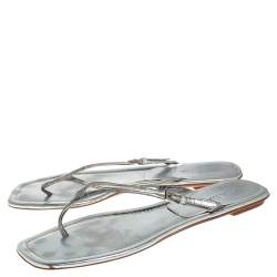 Pre Owned Prada Silver Leather Buckle Embellished Thong Sandals Size 40