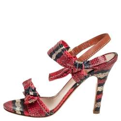 Prada Red/Black Python Embossed Leather Bow Slingback Sandals 38.5
