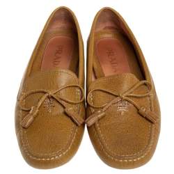 Pre Owned Prada Mustard Yellow Leather Tassel Bow Slip On Loafers Size 41