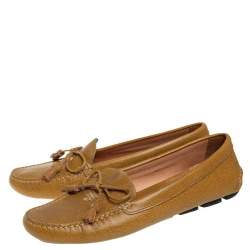 Pre Owned Prada Mustard Yellow Leather Tassel Bow Slip On Loafers Size 41