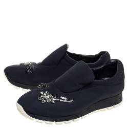 Pre Owned Prada Black Nylon Crystal Embellished Slip On Sneakers Size 37.5