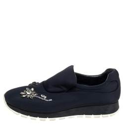 Pre Owned Prada Black Nylon Crystal Embellished Slip On Sneakers Size 37.5