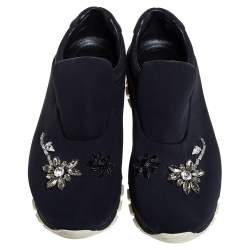 Pre Owned Prada Black Nylon Crystal Embellished Slip On Sneakers Size 37.5