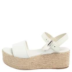 Prada White Leather Espadrille Platform Sandals Size 38