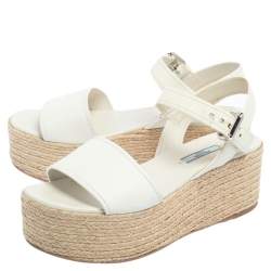 Prada White Leather Espadrille Platform Sandals Size 38