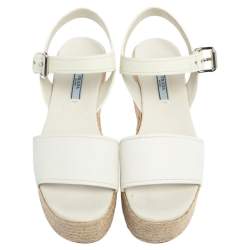 Prada White Leather Espadrille Platform Sandals Size 38
