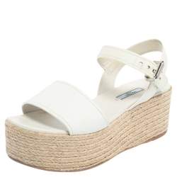 Prada White Leather Espadrille Platform Sandals Size 38
