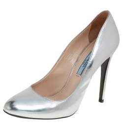 Pre Owned Prada Metallic Silver Leather Pumps Size 37