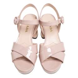 Pre Owned Prada Beige Patent Leather Criss Cross Platform Ankle Strap Sandals Size 35
